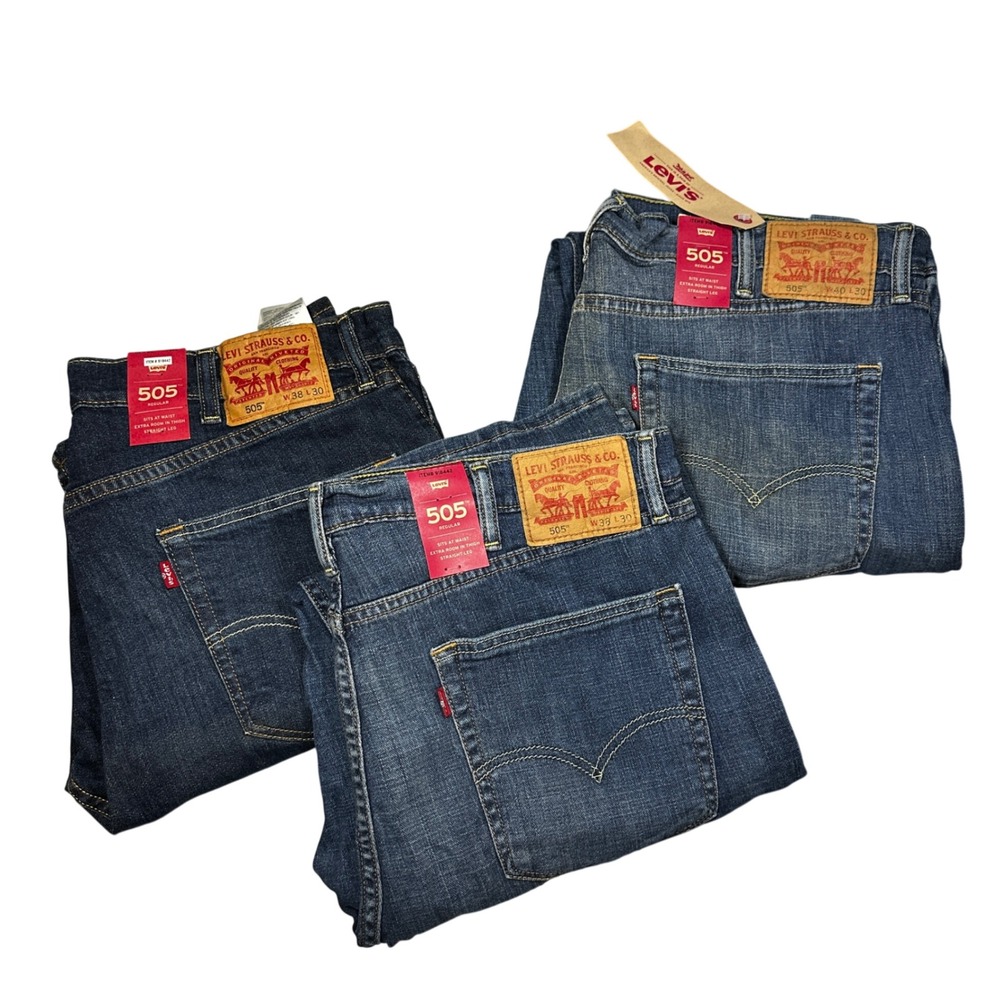 Lot of 3 Levis 505 Regular Fit Stretch Jeans Mens 38x30 40x30 Blue Straight Leg